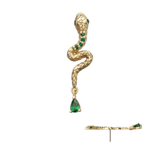 14Kt Yellow Gold Threadless Enchanted Serpent Top with Teardrop Emerald Dangle