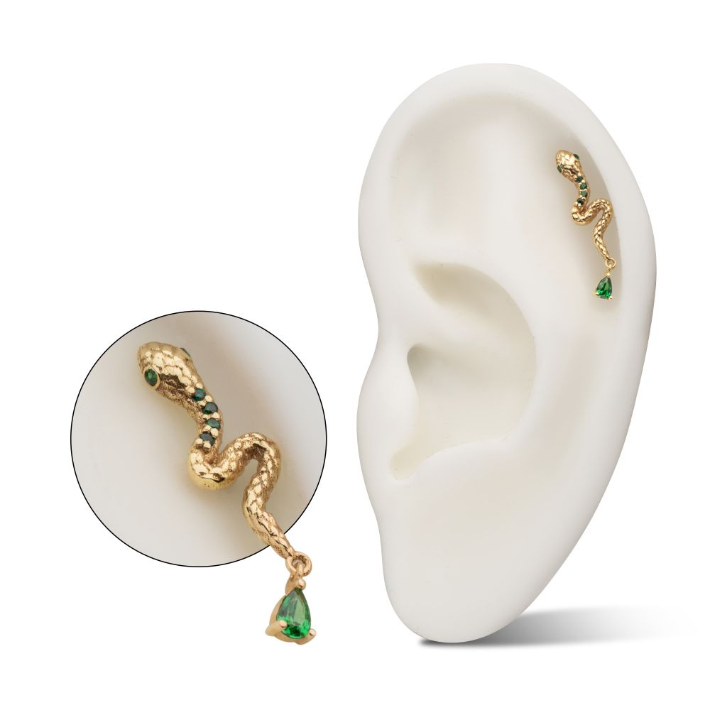 14Kt Yellow Gold Threadless Enchanted Serpent Top with Teardrop Emerald Dangle