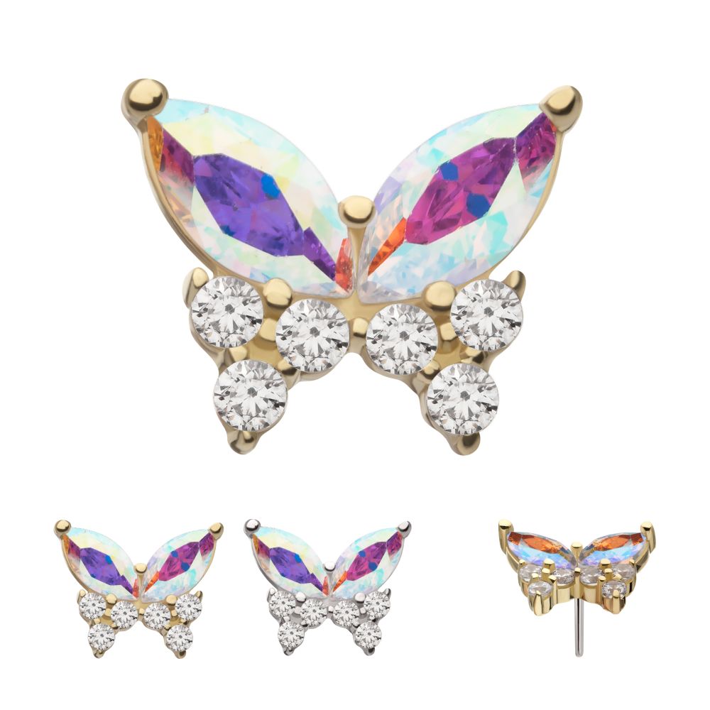 14Kt Gold Threadless Butterfly with Prong Set Double Marquise & Triple Round Gem Top