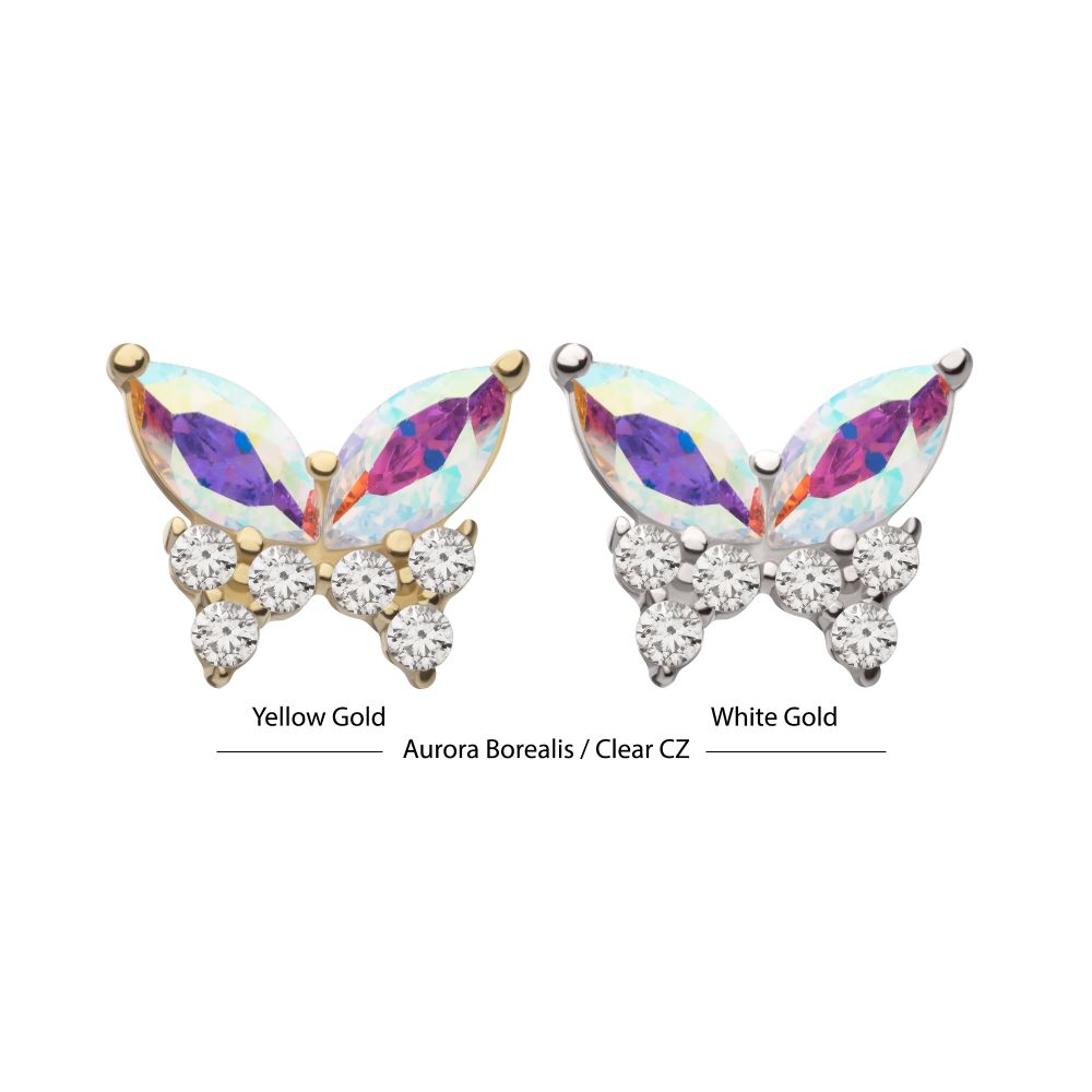 14Kt Gold Threadless Butterfly with Prong Set Double Marquise & Triple Round Gem Top