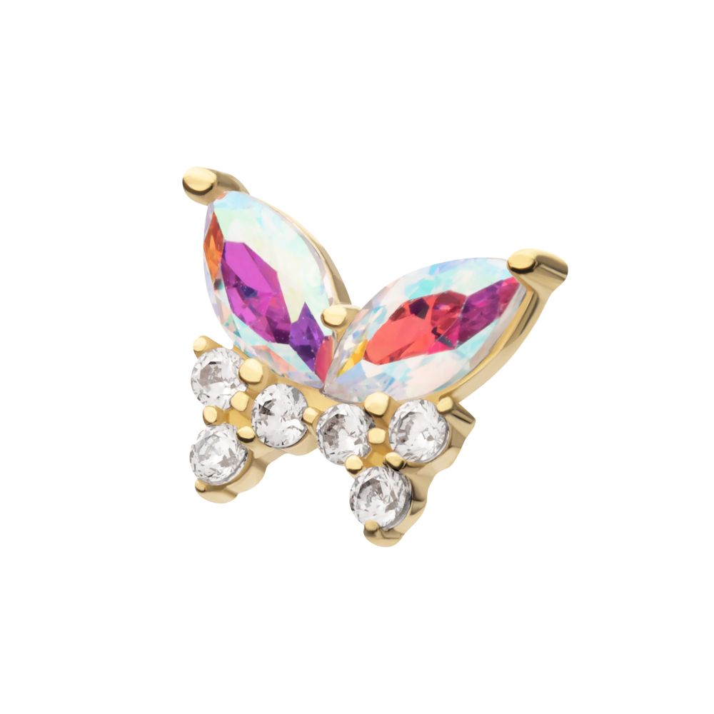 14Kt Gold Threadless Butterfly with Prong Set Double Marquise & Triple Round Gem Top