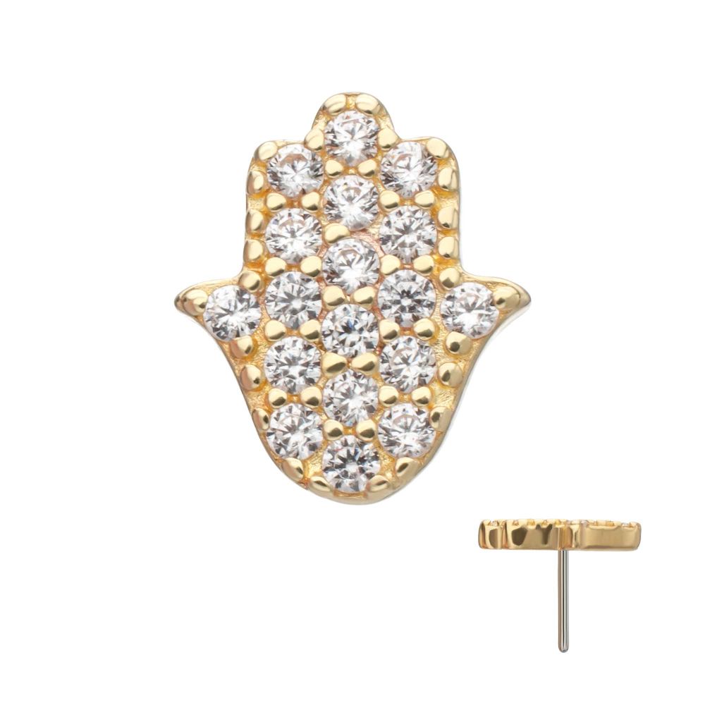 14Kt Yellow Gold Threadless "Divine Hamsa" Paved Gem Top