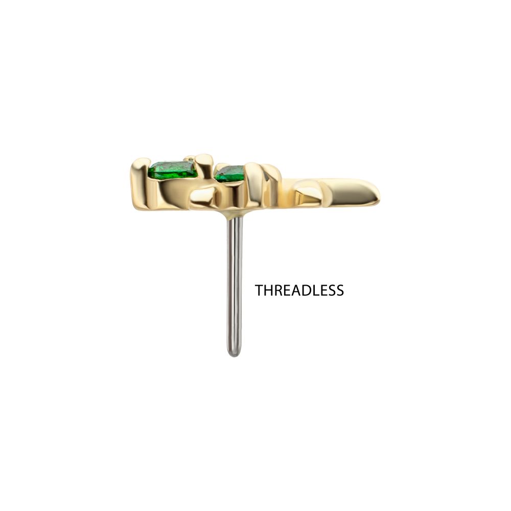 14Kt Yellow Gold Threadless Low Profile 3-Prong Duo Gem "Emerald Sprout" Top