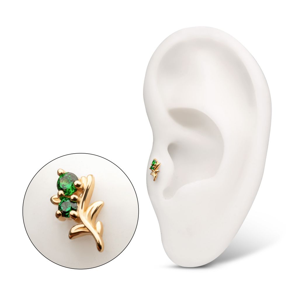 14Kt Yellow Gold Threadless Low Profile 3-Prong Duo Gem "Emerald Sprout" Top