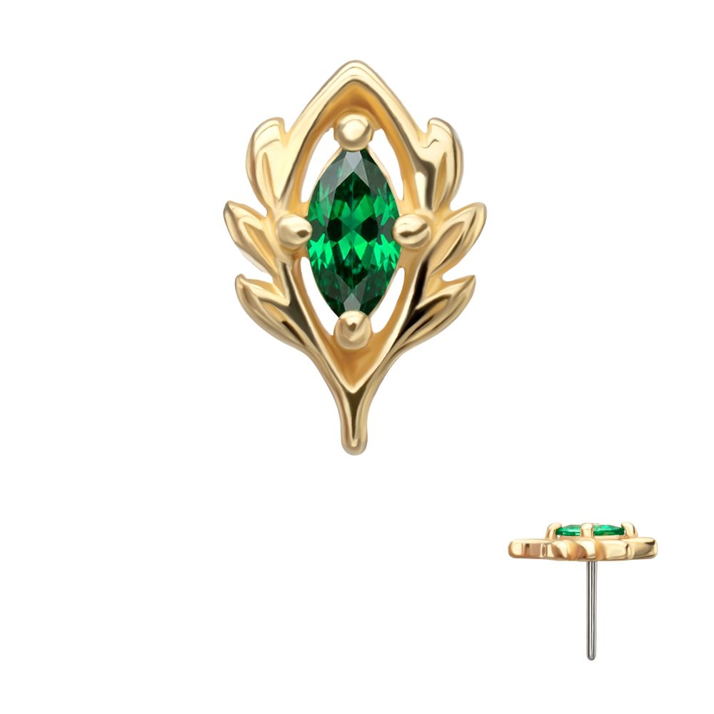 14KT Yellow Gold Threadless Low Profile 4-Prong Marquise Gem "Emerald Vine" Top