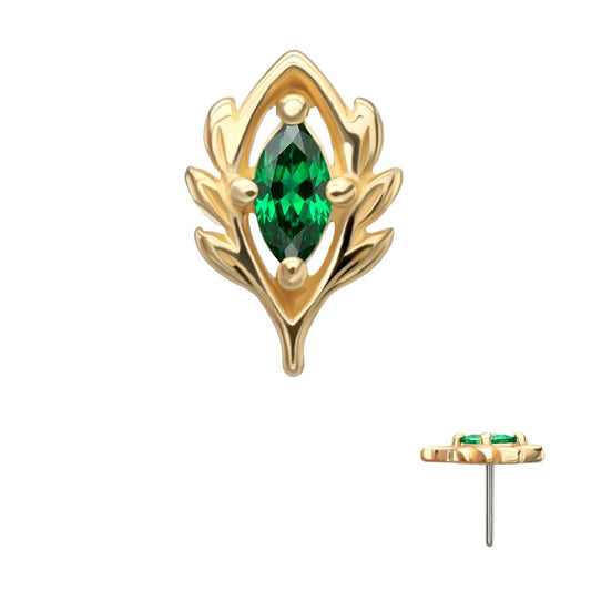 14KT Yellow Gold Threadless Low Profile 4-Prong Marquise Gem "Emerald Vine" Top