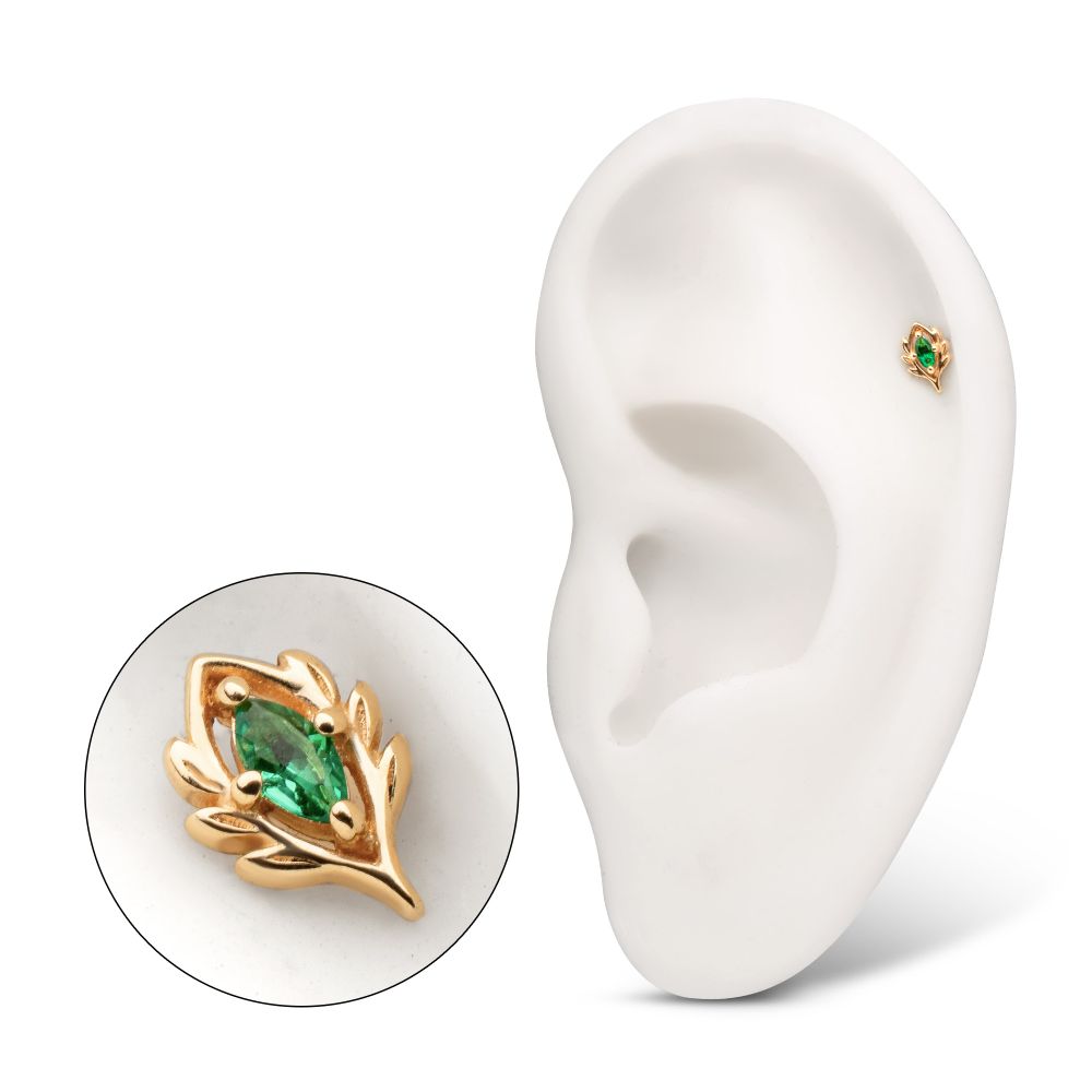 14KT Yellow Gold Threadless Low Profile 4-Prong Marquise Gem "Emerald Vine" Top