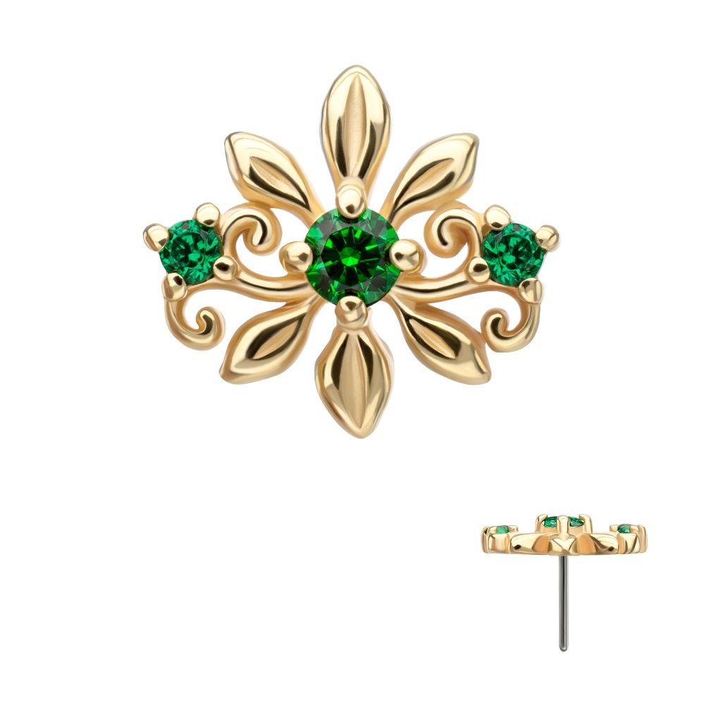 14KT Yellow Gold Threadless Low Profile Prong Set Gem "Emerald Blossom" Top