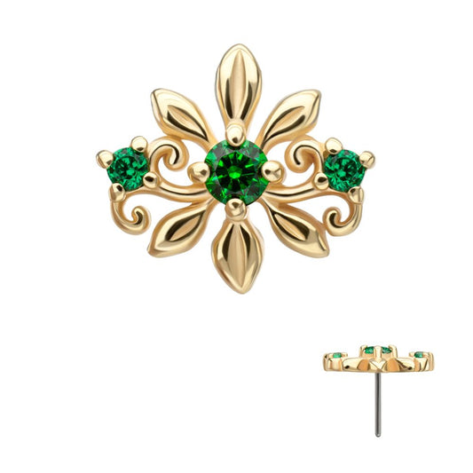 14KT Yellow Gold Threadless Low Profile Prong Set Gem "Emerald Blossom" Top