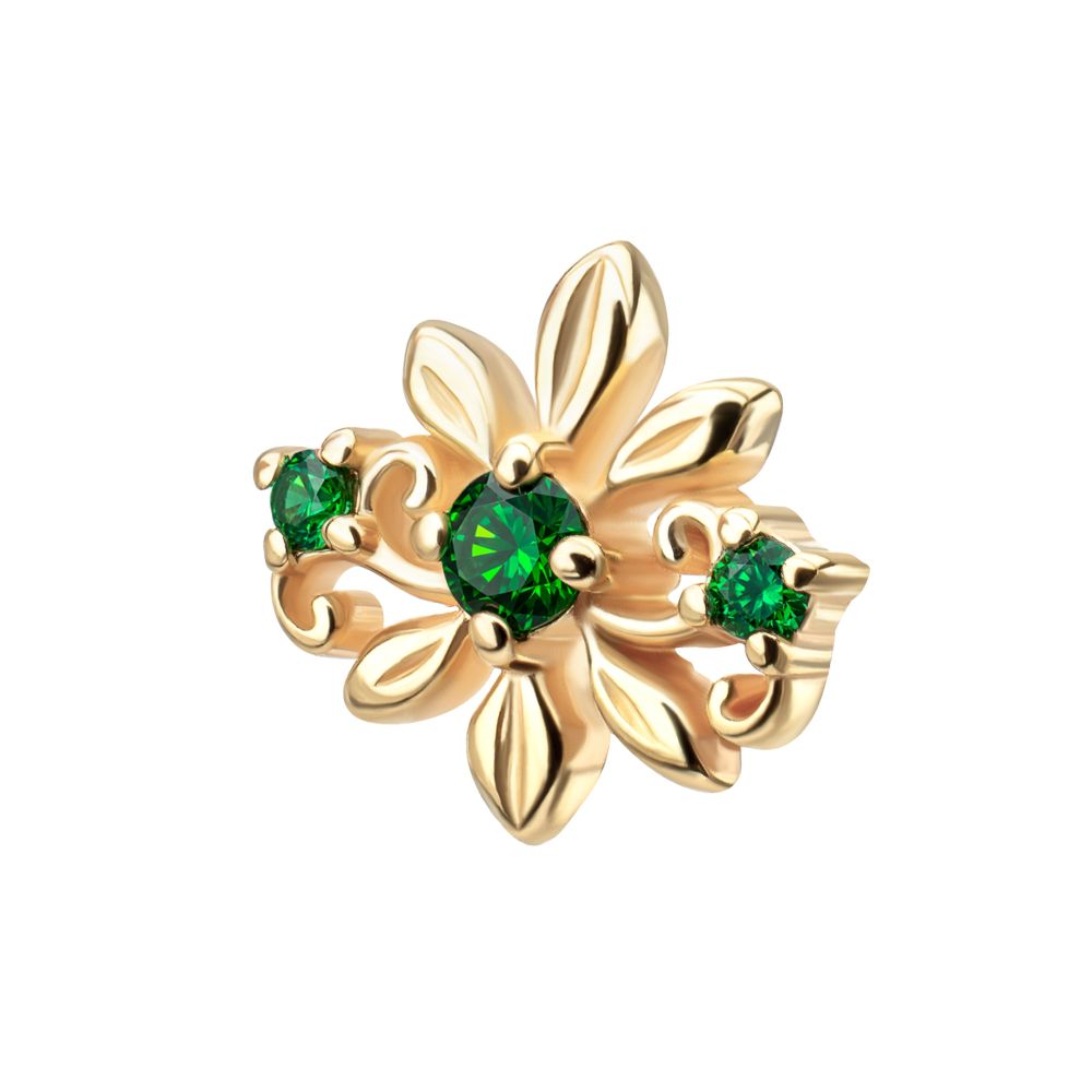 14KT Yellow Gold Threadless Low Profile Prong Set Gem "Emerald Blossom" Top