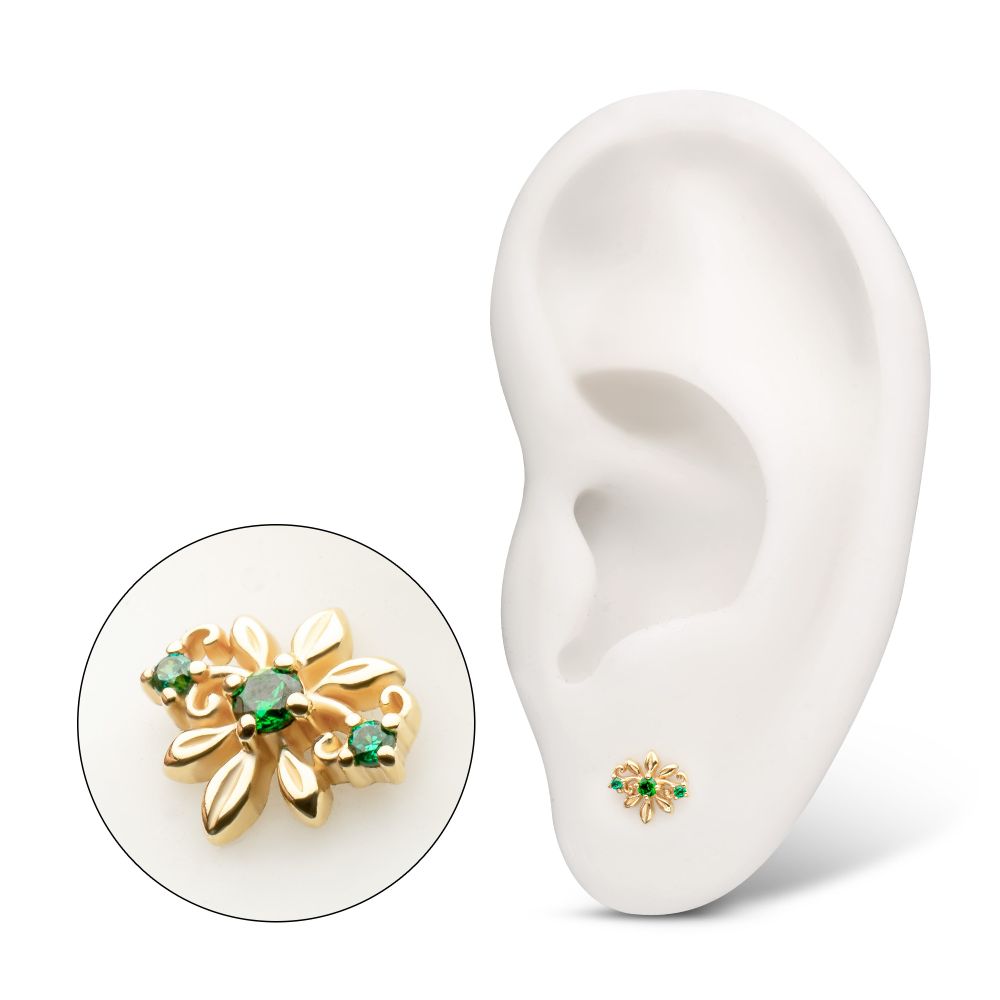 14KT Yellow Gold Threadless Low Profile Prong Set Gem "Emerald Blossom" Top