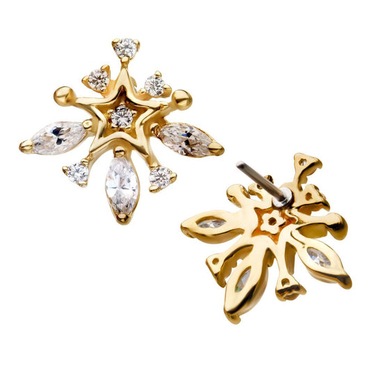 14kt Yellow Gold Threadless Starburst Design with 3 3mm Marquis Shape CZ's Top