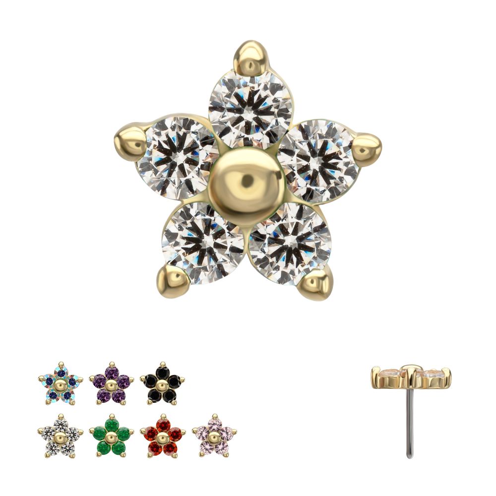 14Kt Yellow Gold Threadless Low Profile 5-Petal Prong Set Gem Flower Top