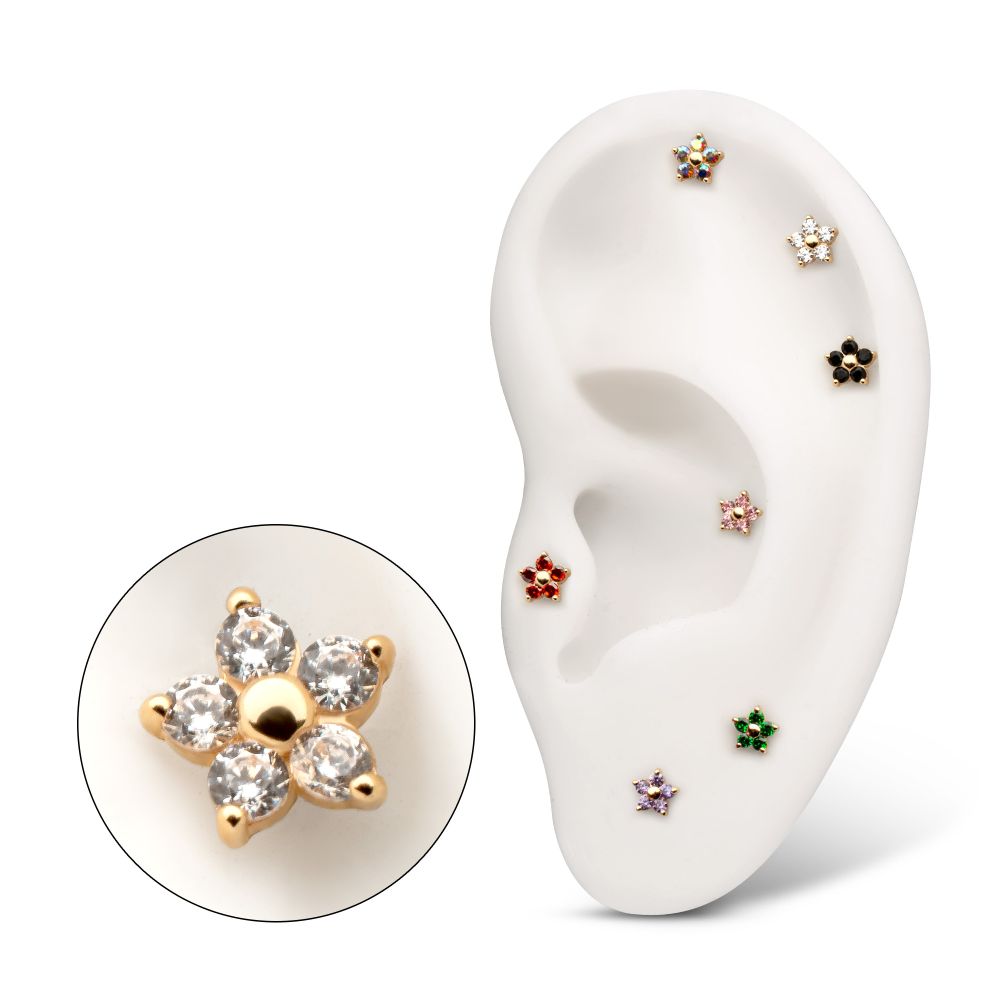 14Kt Yellow Gold Threadless Low Profile 5-Petal Prong Set Gem Flower Top