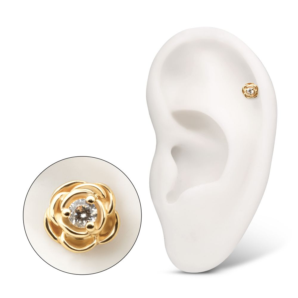 14Kt Yellow Gold Threadless Low Profile 3-Prong Gem "Rosebud Bloom" Top