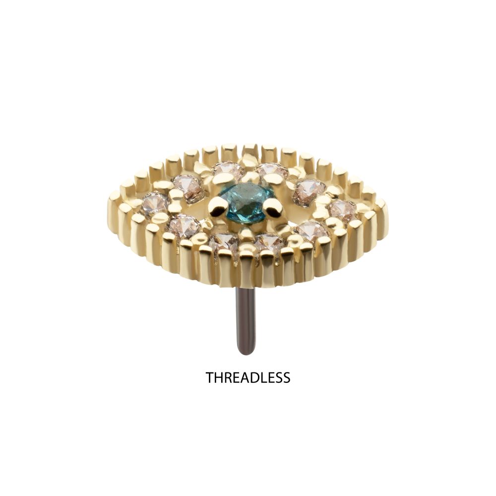 14Kt Yellow Gold Threadless Beaded Edge Cut Out Evil Eye Aqua Gem Top with Paved Clear CZ Gem
