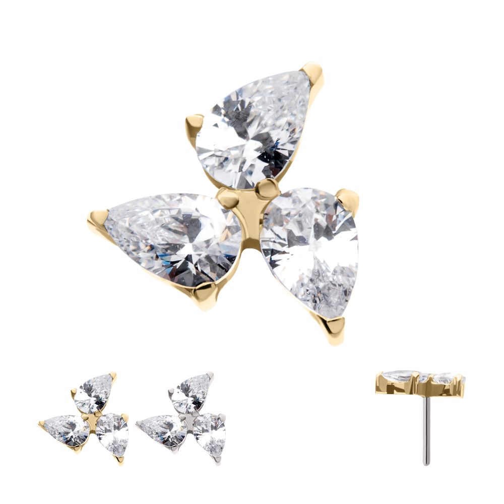 14Kt Gold Threadless Triple Teardrop Prong Set Gem Top