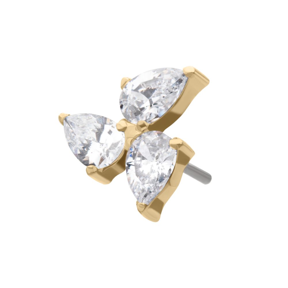 14Kt Gold Threadless Triple Teardrop Prong Set Gem Top