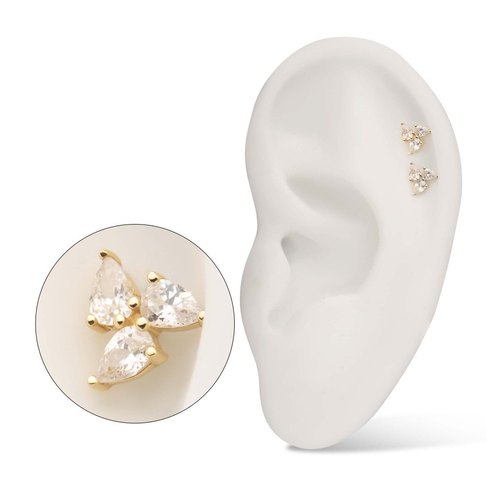 14Kt Gold Threadless Triple Teardrop Prong Set Gem Top