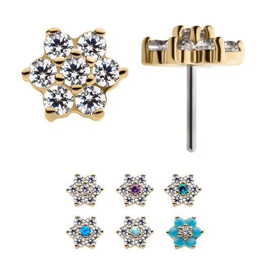 14Kt Yellow Gold Threadless with 6 Prong Set Clear CZ and Centerpiece CZ/Synthetic Opal Flower Top