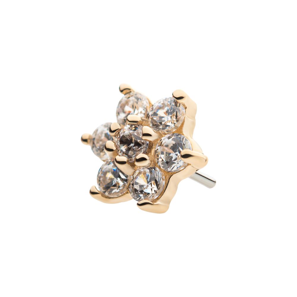 14Kt Yellow Gold Threadless with 6 Prong Set Clear CZ and Centerpiece CZ/Synthetic Opal Flower Top 