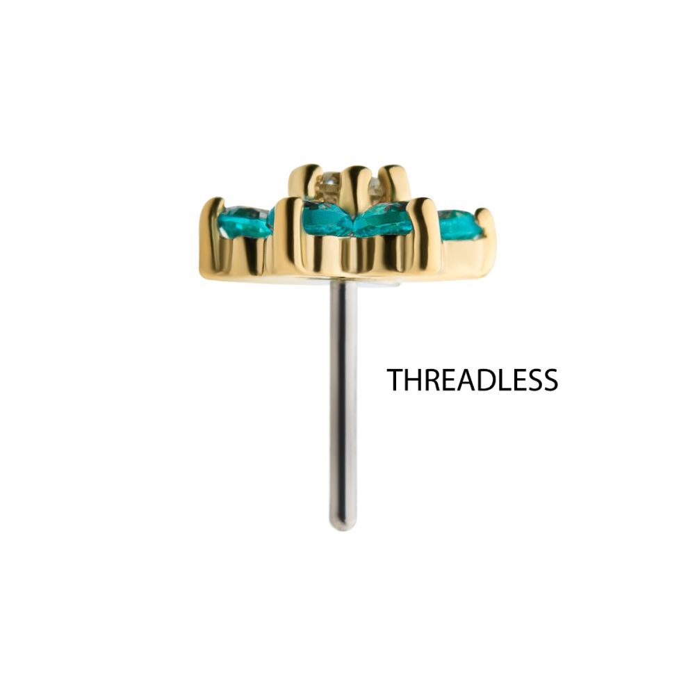 14Kt Yellow Gold Threadless with 6 Prong Set Clear CZ and Centerpiece CZ/Synthetic Opal Flower Top