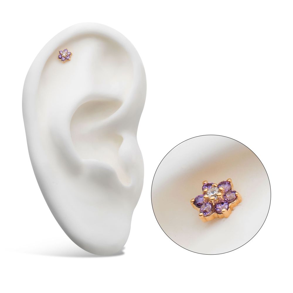 14Kt Yellow Gold Threadless with 6 Prong Set CZ and Centerpiece Clear CZ Flower Top