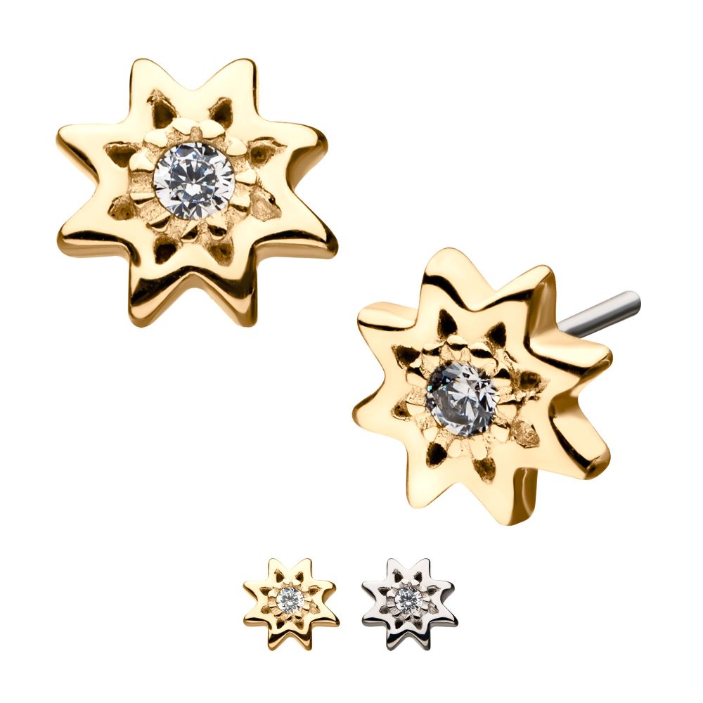 14kt Gold Threadless Round Clear CZ Sun Top