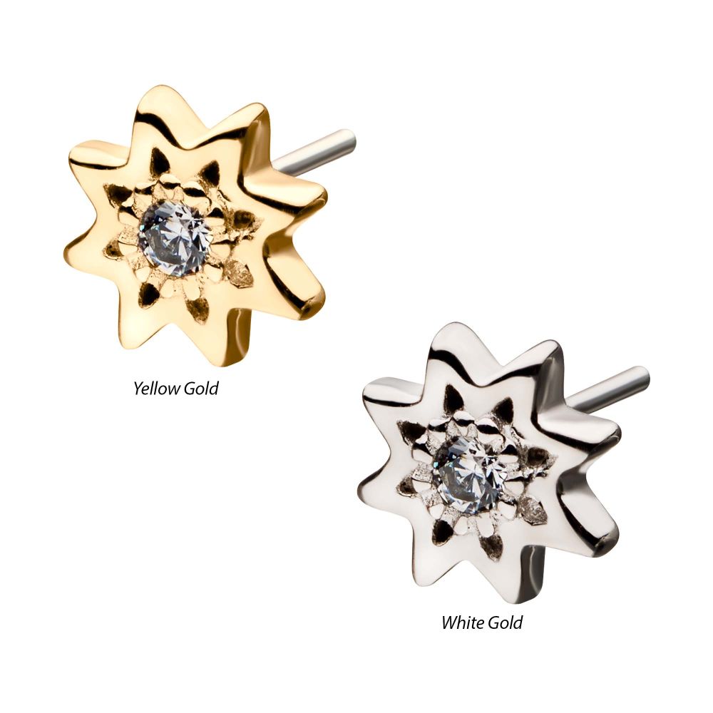 14kt Gold Threadless Round Clear CZ Sun Top