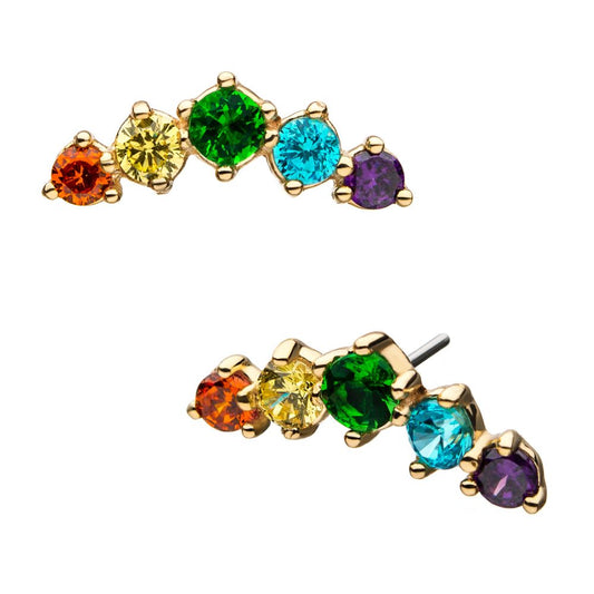 14Kt Yellow Gold Threadless with 5-Rainbow CZ Cluster Top