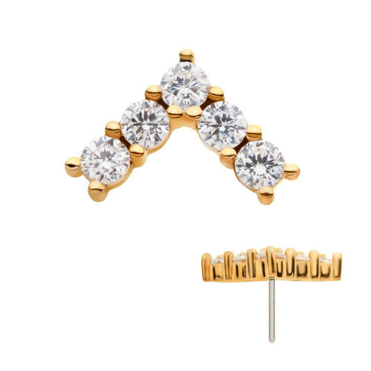 14Kt Yellow Gold Threadless with Prong Set 5 Round Clear CZ Triangle Top
