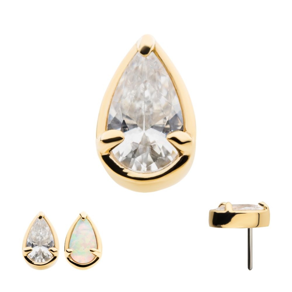 14Kt Gold Threadless with Prong Set Pear-Shaped CZ/Synthetic Opal/Stone Top