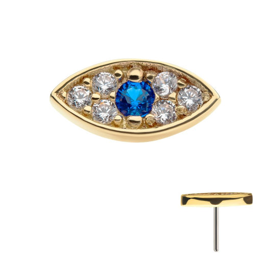 14Kt Yellow Gold Threadless Pave Set Round Blue Sapphire & Clear Gem Evil Eye Top