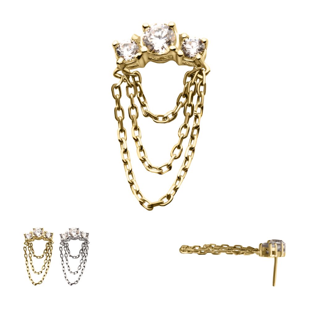 14Kt-Gold Threadless Threadless 3-Cluster Prong Set Gem Top with 3-Tier Dangle Chain
