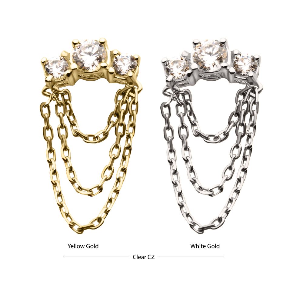 14Kt-Gold Threadless Threadless 3-Cluster Prong Set Gem Top with 3-Tier Dangle Chain
