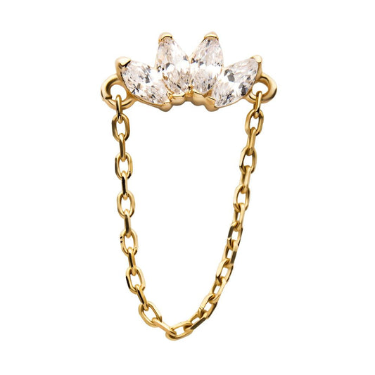 14Kt Yellow Gold Threadless Prong Set 4 Clear CZ Marquise Top with Dangling Chain