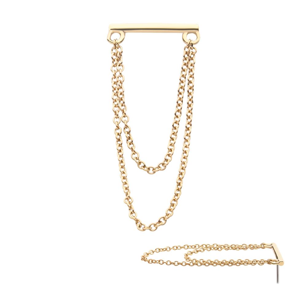 14Kt Gold Threadless Bar Top with 2-Tier Chain Dangle