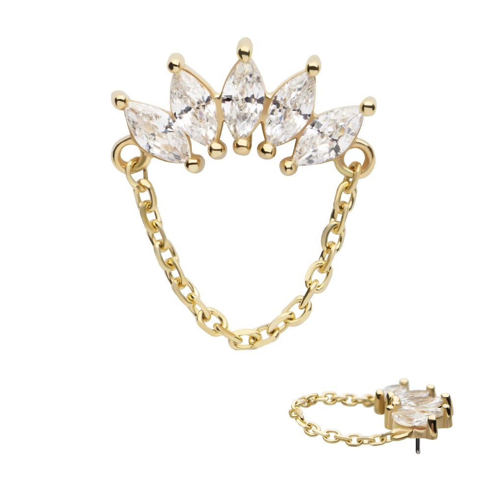 14Kt Gold Threadless 5 Cluster Marquise Prong Set Gem Fan Top with Chain Dangle