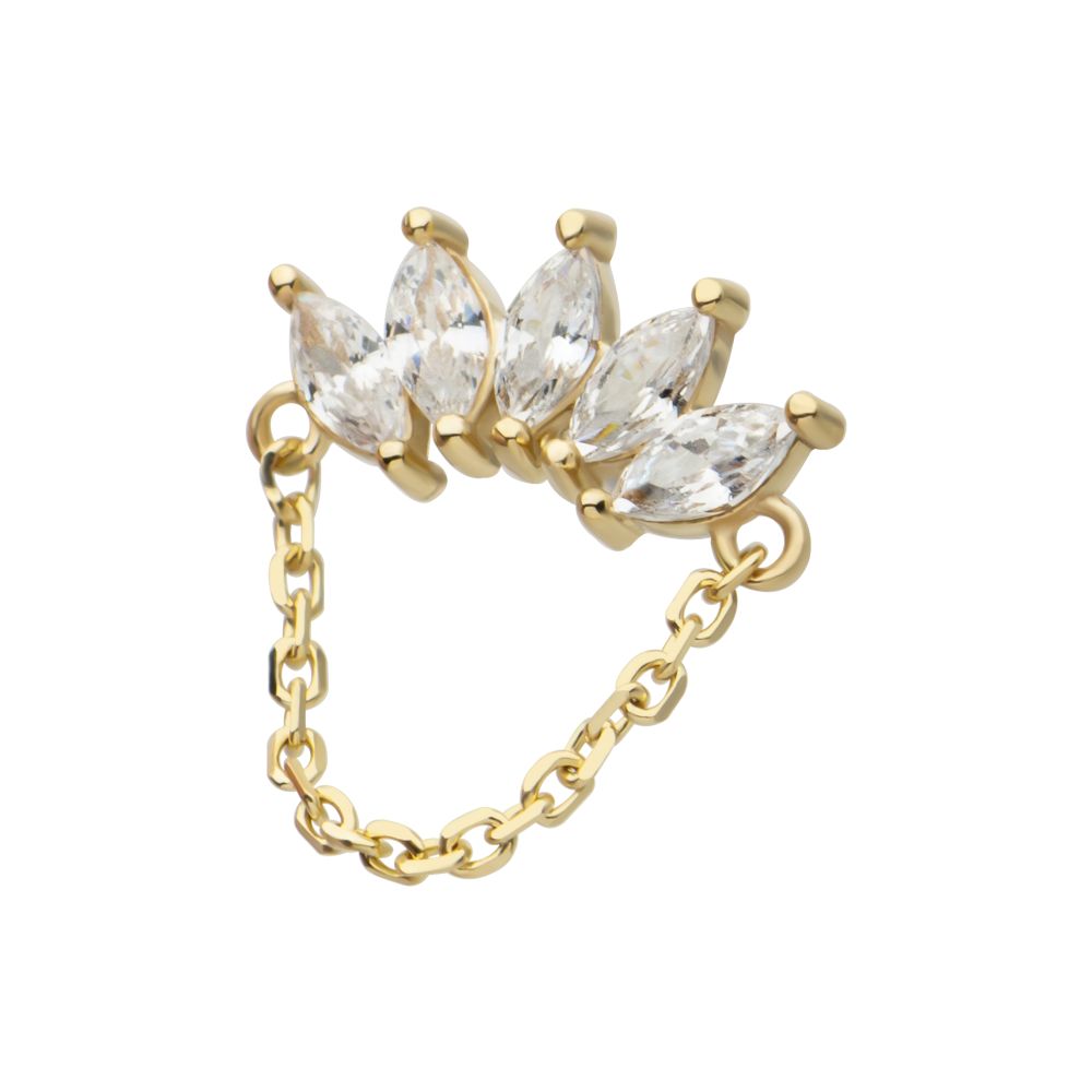 14Kt Gold Threadless 5 Cluster Marquise Prong Set Gem Fan Top with Chain Dangle