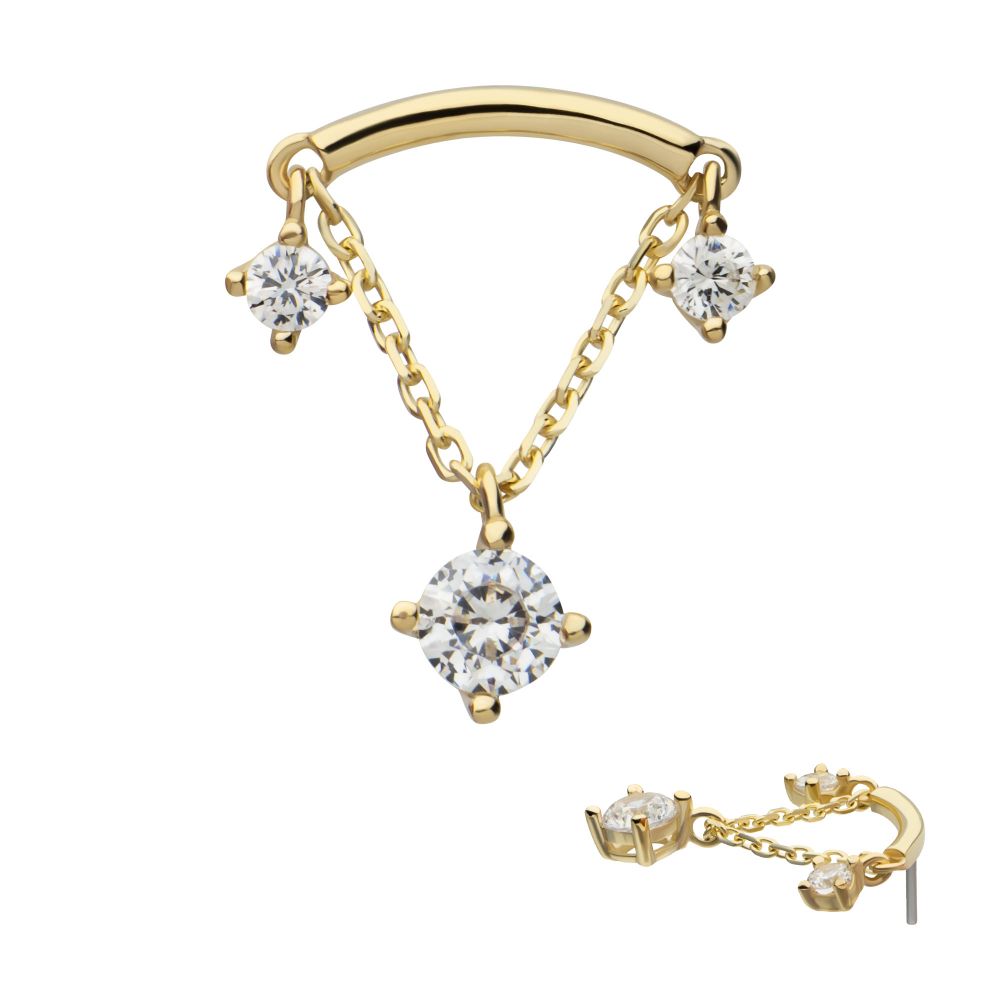 14Kt Gold Threadless Curve Bar Top with Prong Set Gem & Chain Dangle