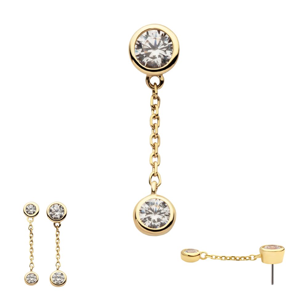 14Kt Gold Threadless Double Bezel Set Round CZ with Dangle Chain Top