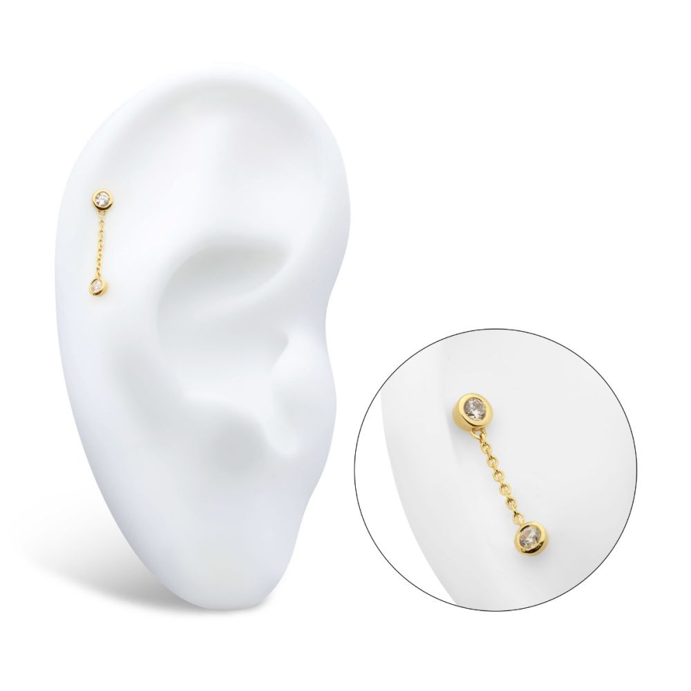 14Kt Gold Threadless Double Bezel Set Round CZ with Dangle Chain Top