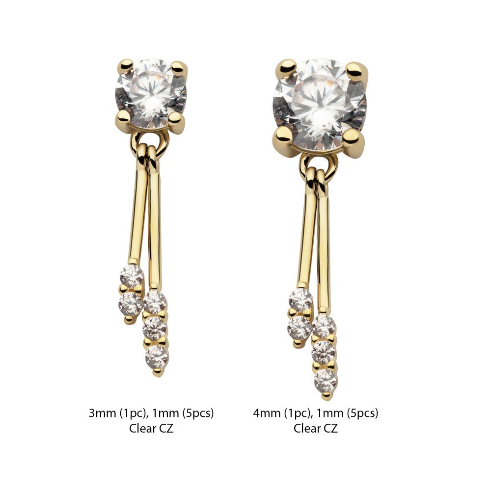 14Kt Gold Threadless Prong Set CZ Top with Gemmed Dangle Double Bar