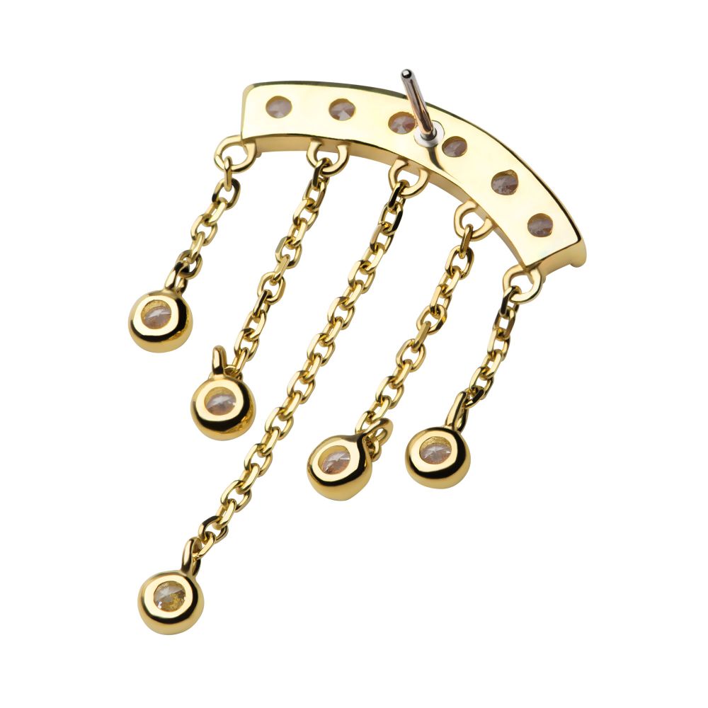 14Kt Gold Threadless 6 Cluster CZ Curved Bar Top with 5 Gemmed Dangle Chains