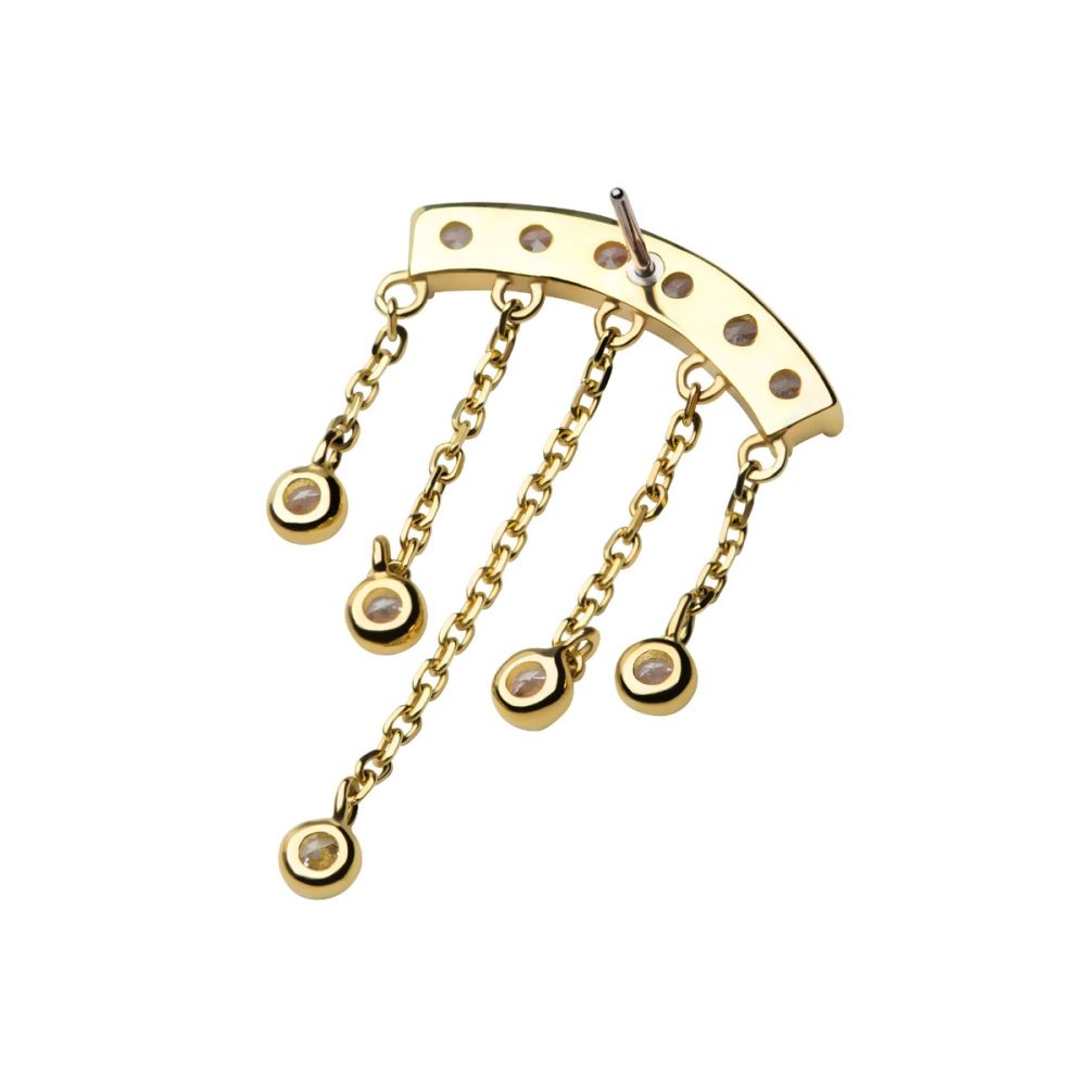 14Kt Gold Threadless 6 Cluster CZ Curved Bar Top with 5 Gemmed Dangle Chains