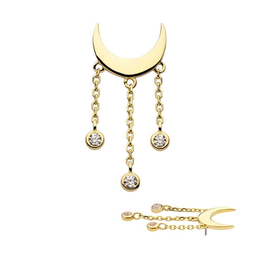 14Kt Gold Threadless Crescent Moon Top with Bezel Set CZ Dangle Triple Chain
