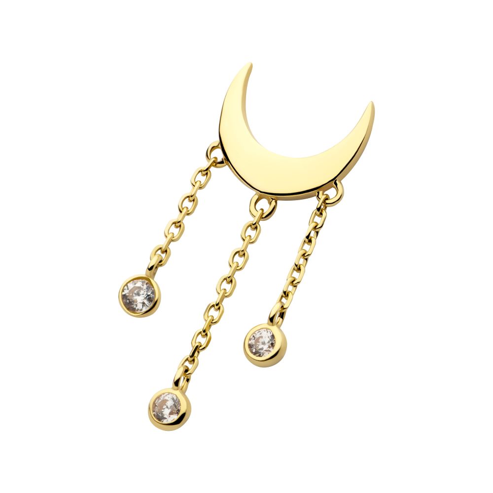 14Kt Gold Threadless Crescent Moon Top with Bezel Set CZ Dangle Triple Chain
