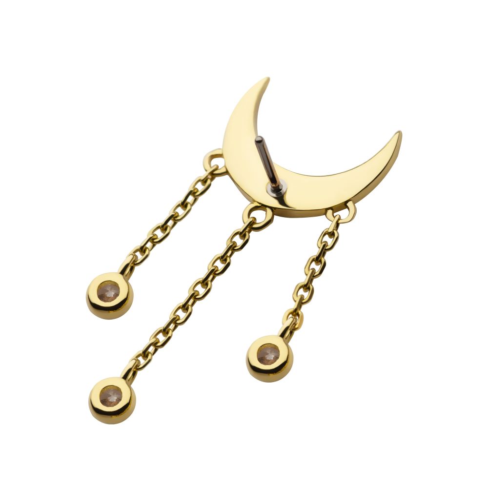 14Kt Gold Threadless Crescent Moon Top with Bezel Set CZ Dangle Triple Chain