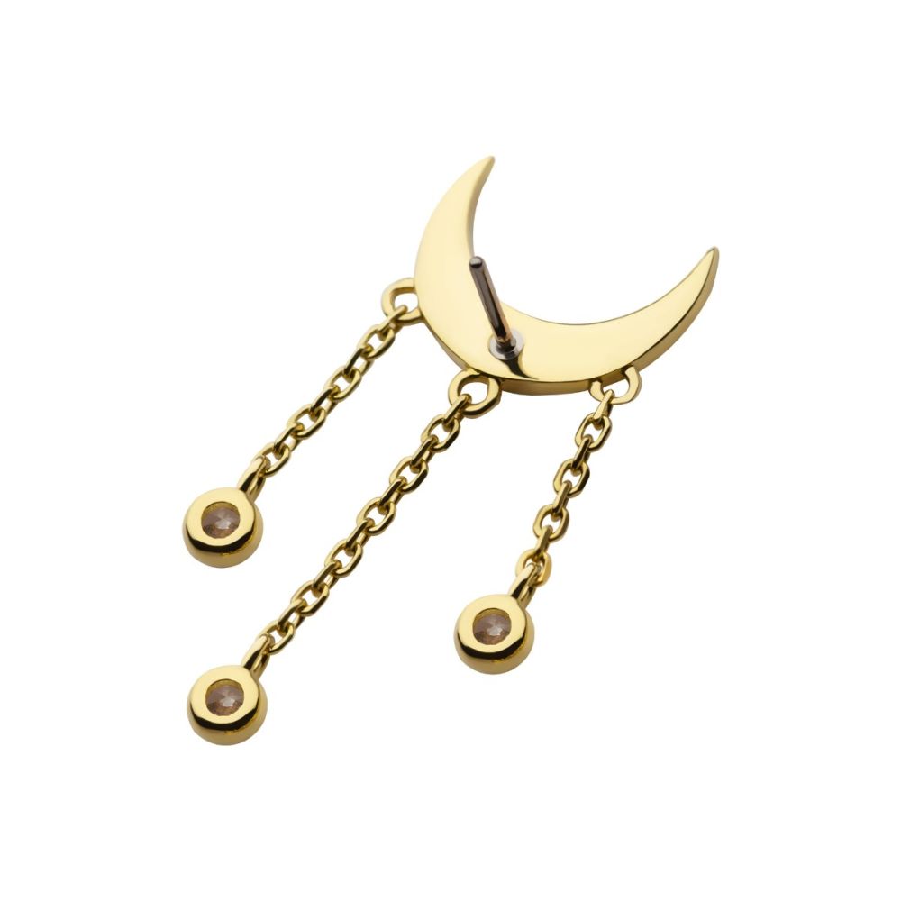 14Kt Gold Threadless Crescent Moon Top with Bezel Set CZ Dangle Triple Chain