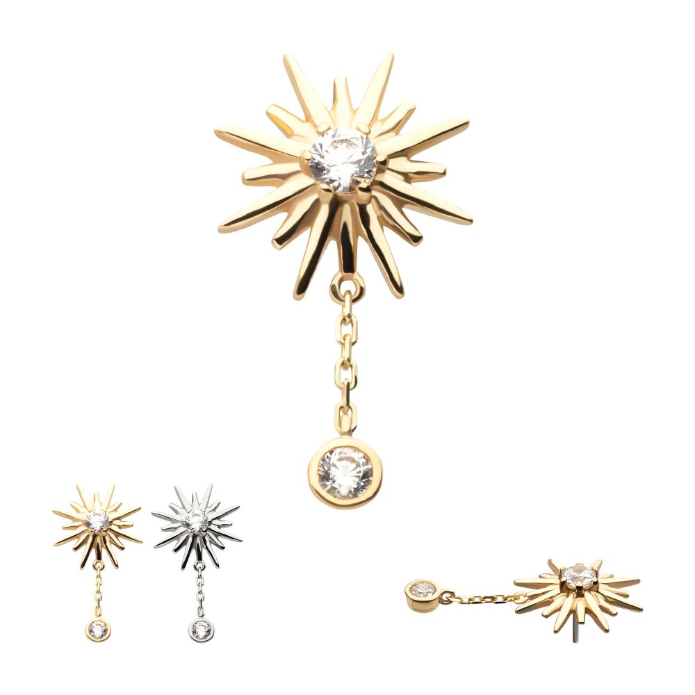 14Kt Gold Threadless Double Prong Set CZ Sunburst with Dangle Chain Top